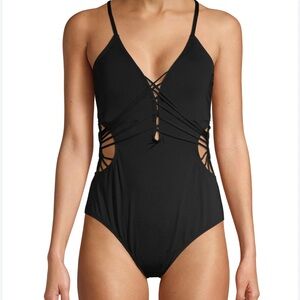 Black lace up corset style cut out strappy one peice swimsuit sz l